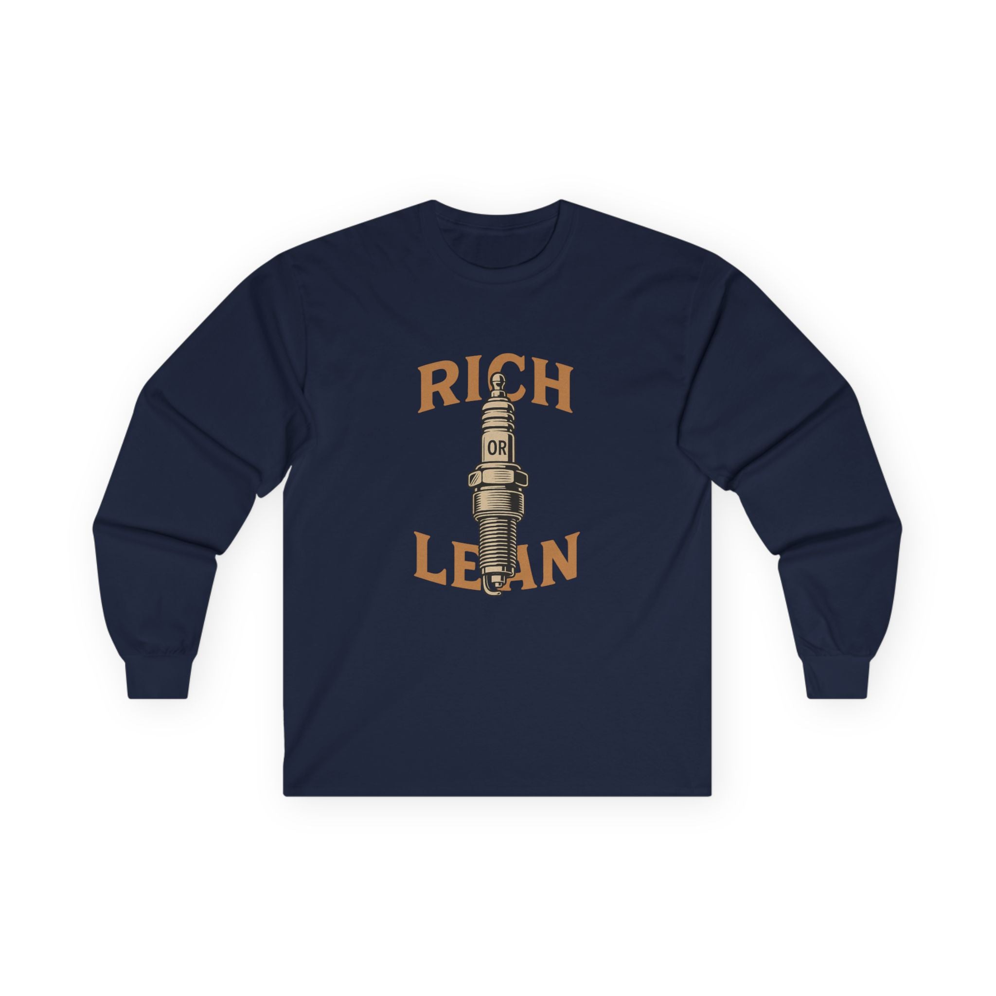 Rich or Lean Graphic Long Sleeve Tee – Vintage Spark Plug Shirt for 2-Stroke Riders & Car Enthusiasts
