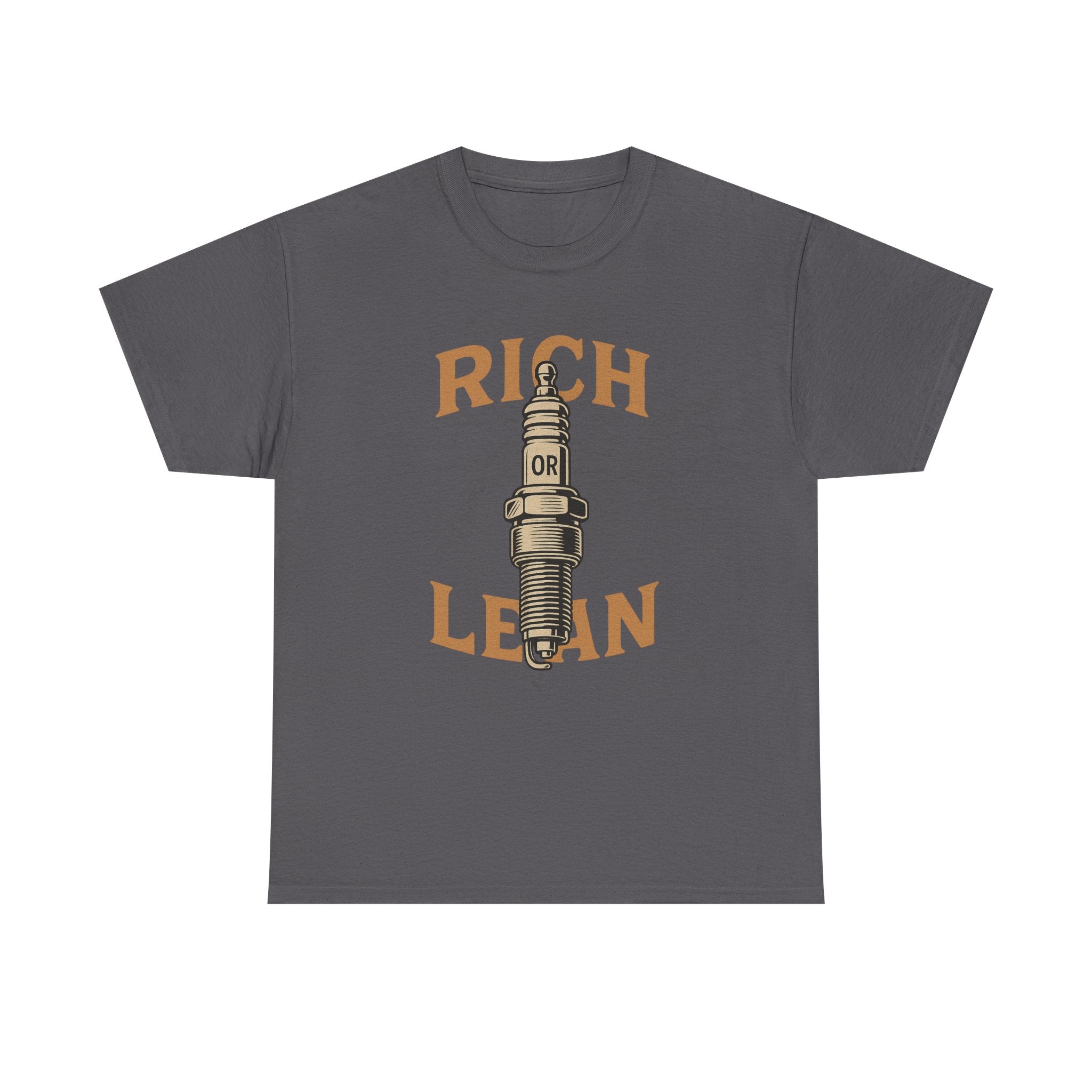 Rich or Lean Spark Plug Graphic Tee – Unisex Heavy Cotton Shirt for Gearheads & 2-Stroke Enthusiasts