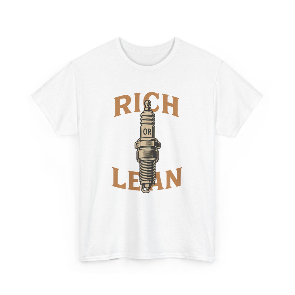 Rich or Lean Spark Plug Graphic Tee – Unisex Heavy Cotton Shirt for Gearheads & 2-Stroke Enthusiasts