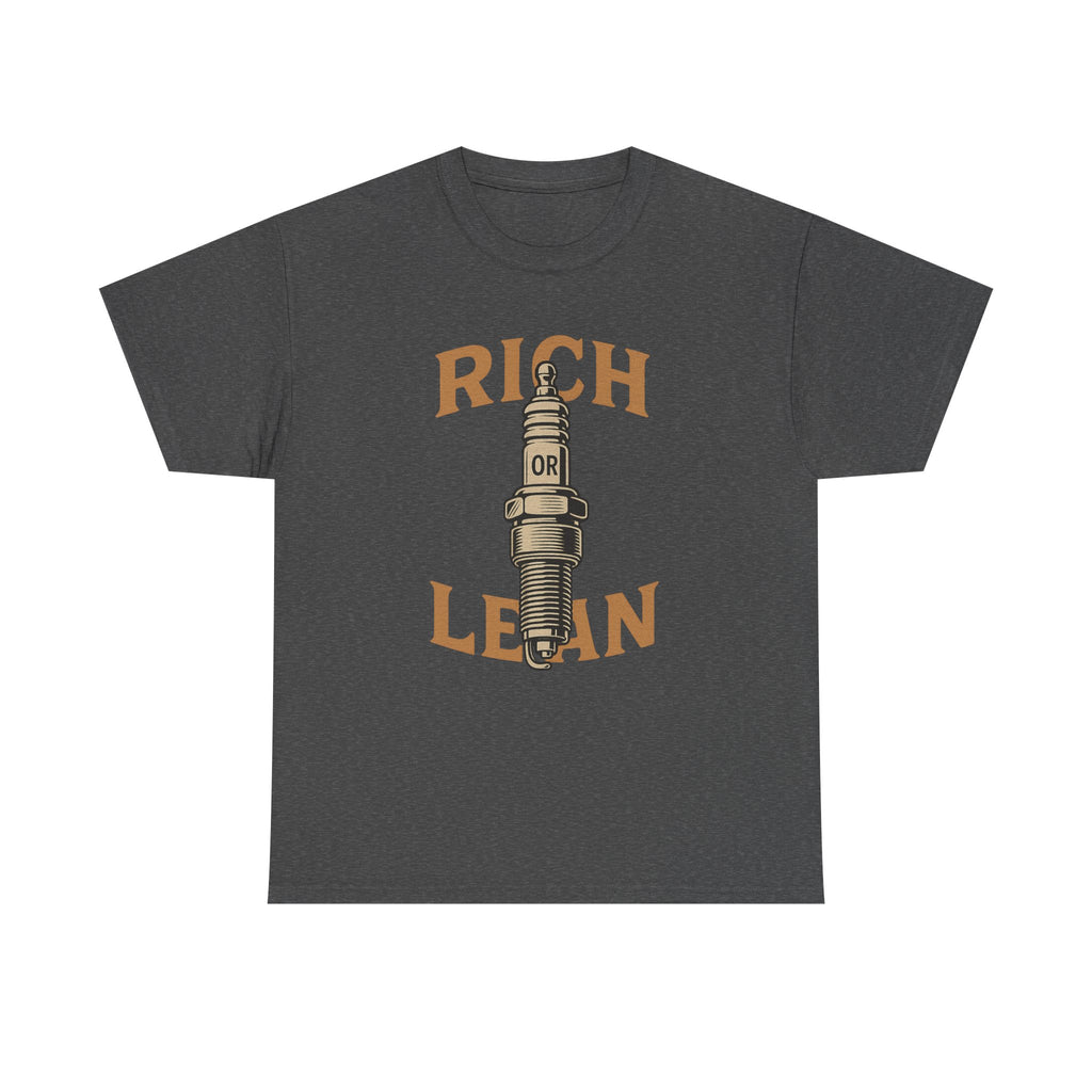 Rich or Lean Spark Plug Graphic Tee – Unisex Heavy Cotton Shirt for Gearheads & 2-Stroke Enthusiasts