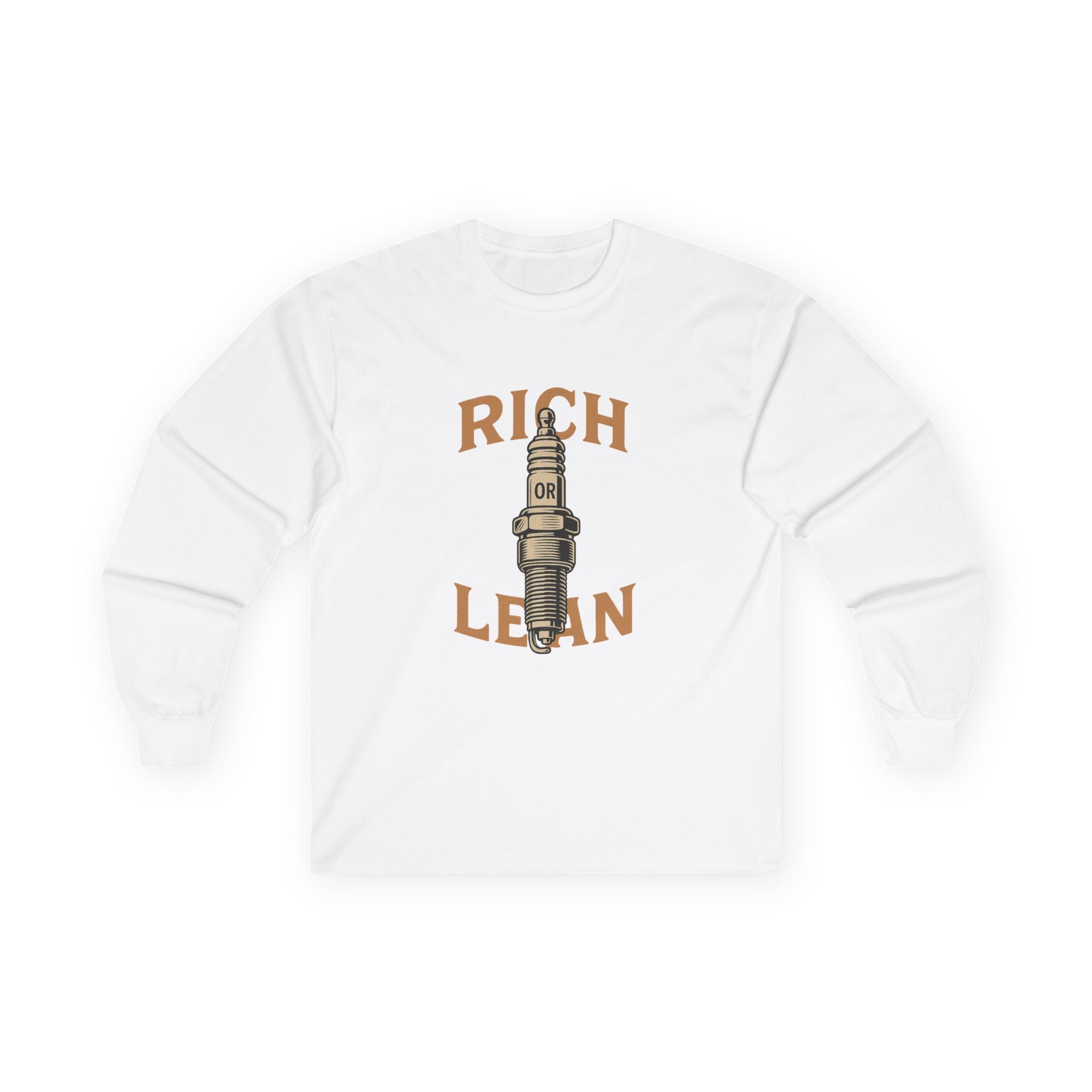 Rich or Lean Graphic Long Sleeve Tee – Vintage Spark Plug Shirt for 2-Stroke Riders & Car Enthusiasts