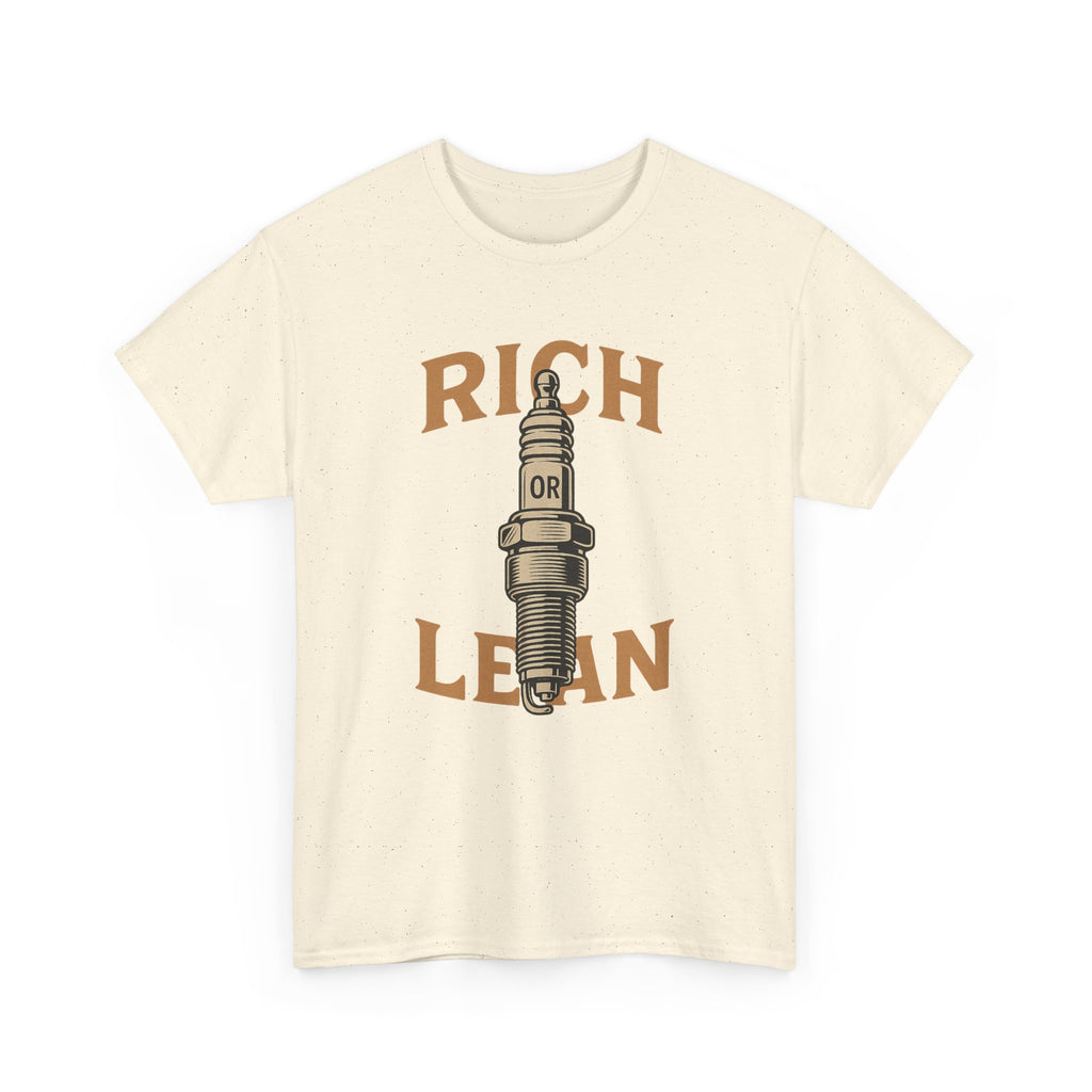 Rich or Lean Spark Plug Graphic Tee – Unisex Heavy Cotton Shirt for Gearheads & 2-Stroke Enthusiasts