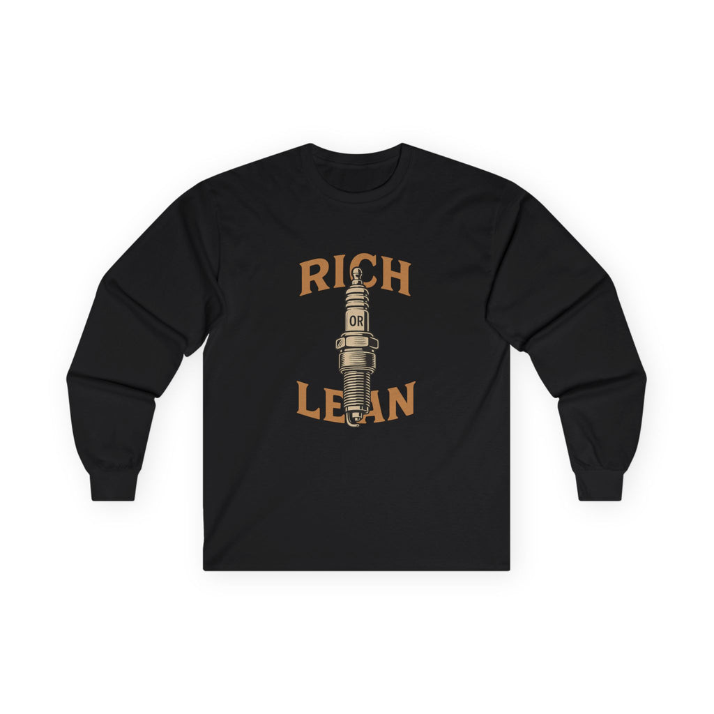 Rich or Lean Graphic Long Sleeve Tee – Vintage Spark Plug Shirt for 2-Stroke Riders & Car Enthusiasts