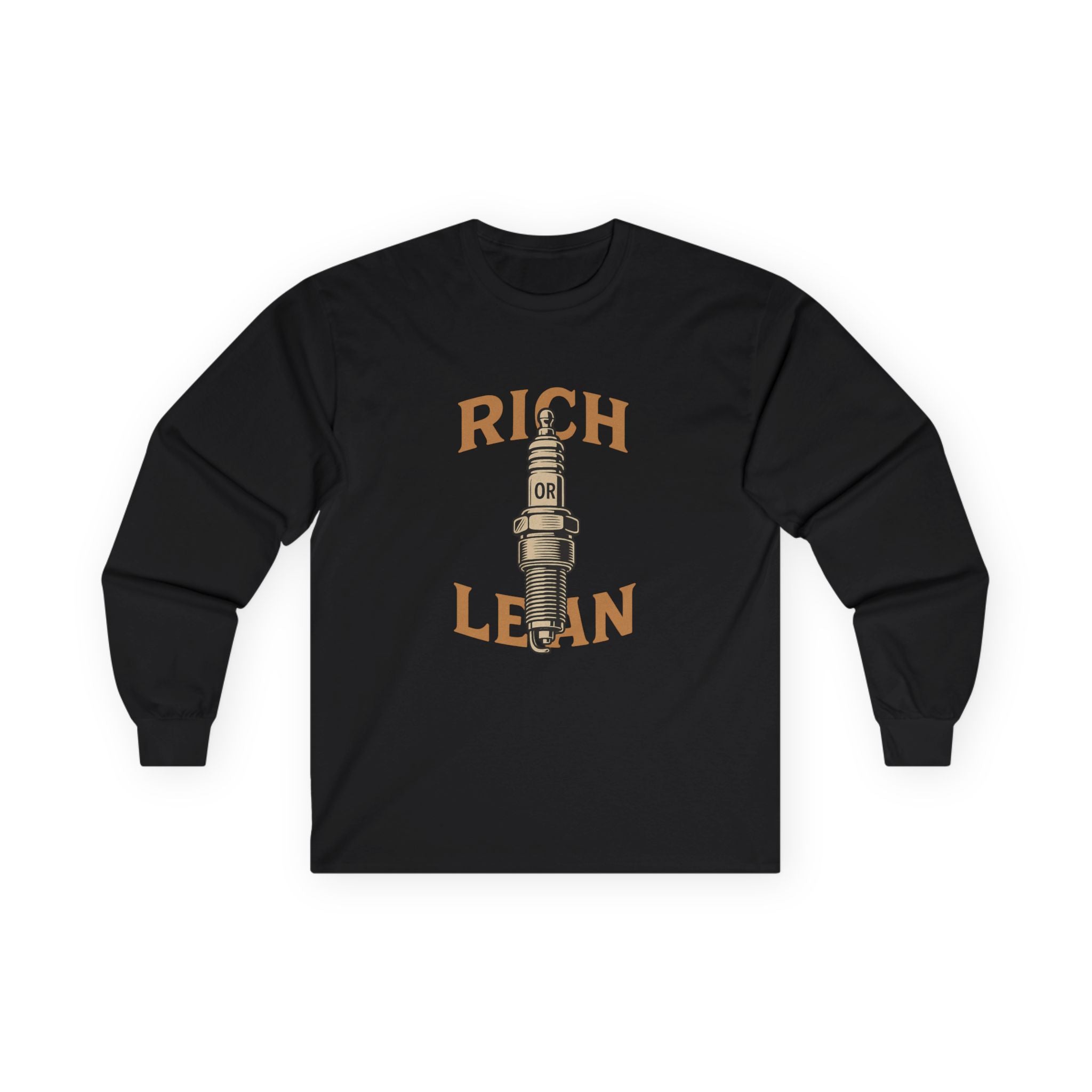 Rich or Lean Graphic Long Sleeve Tee – Vintage Spark Plug Shirt for 2-Stroke Riders & Car Enthusiasts