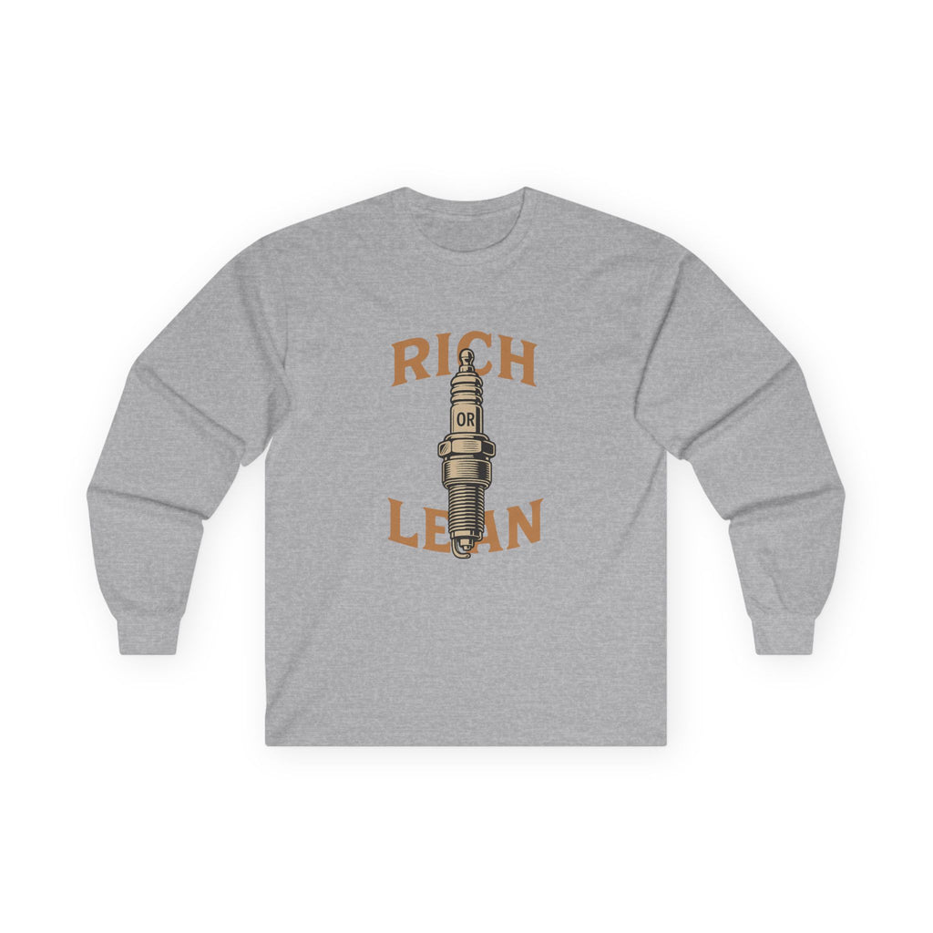 Rich or Lean Graphic Long Sleeve Tee – Vintage Spark Plug Shirt for 2-Stroke Riders & Car Enthusiasts