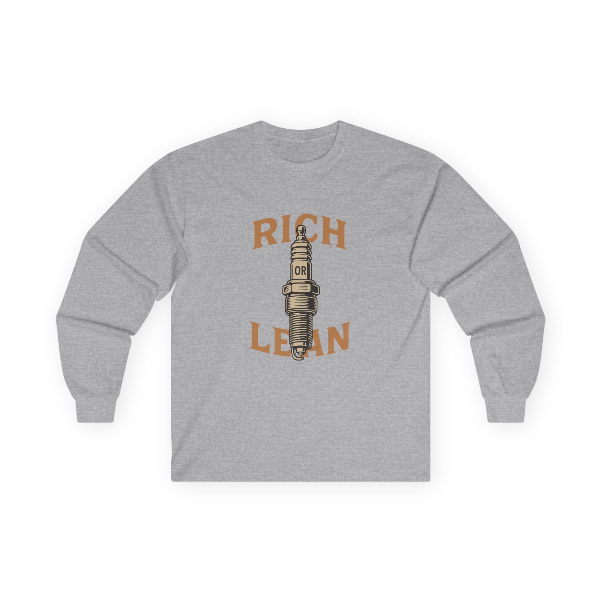 Rich or Lean Graphic Long Sleeve Tee – Vintage Spark Plug Shirt for 2-Stroke Riders & Car Enthusiasts