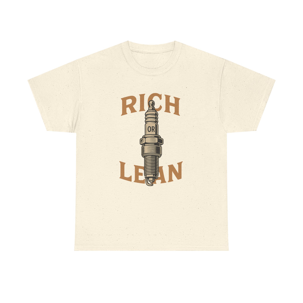 Rich or Lean Spark Plug Graphic Tee – Unisex Heavy Cotton Shirt for Gearheads & 2-Stroke Enthusiasts