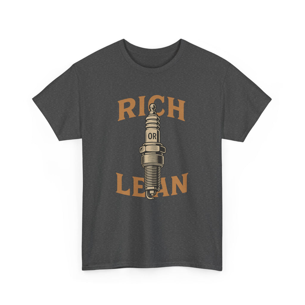 Rich or Lean Spark Plug Graphic Tee – Unisex Heavy Cotton Shirt for Gearheads & 2-Stroke Enthusiasts