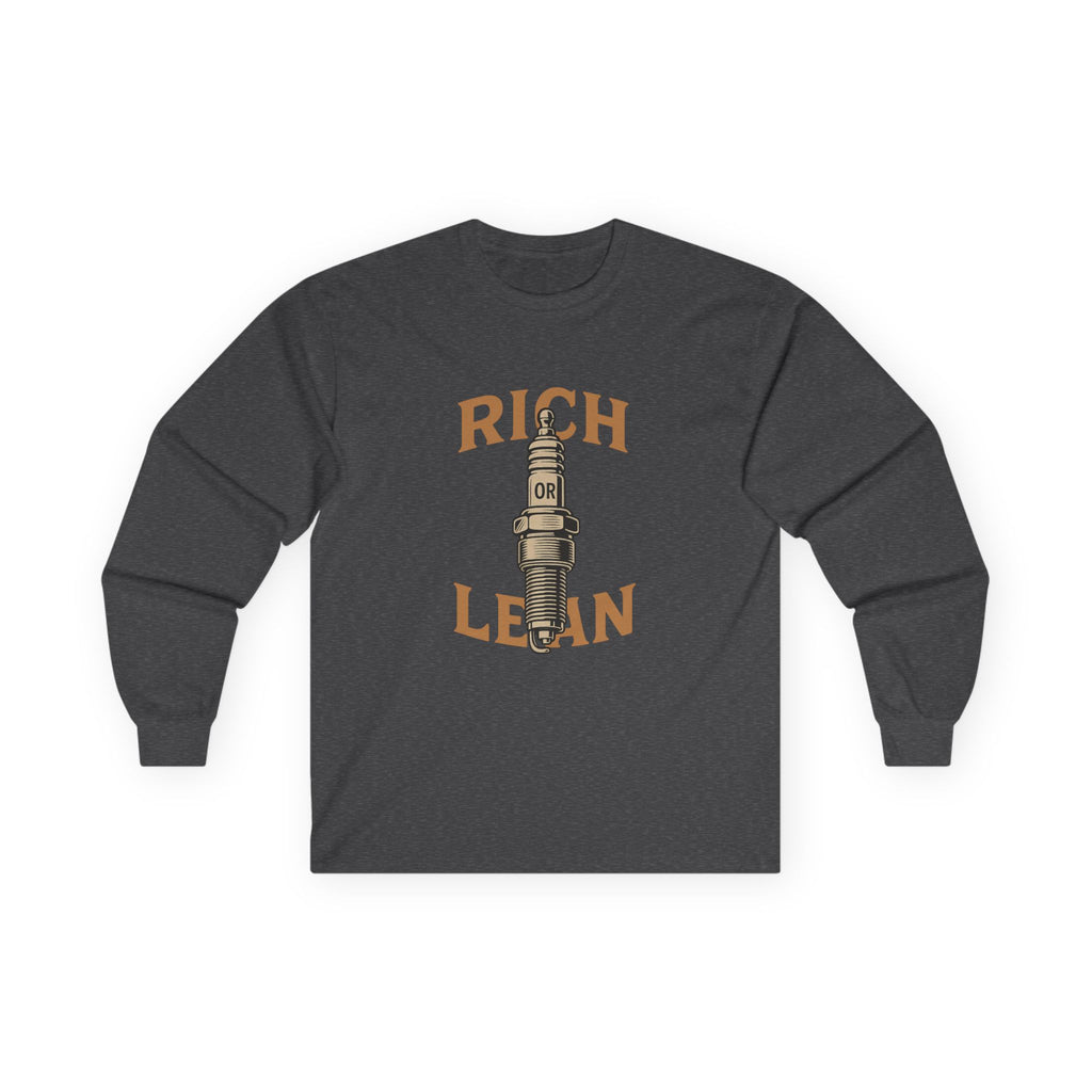 Rich or Lean Graphic Long Sleeve Tee – Vintage Spark Plug Shirt for 2-Stroke Riders & Car Enthusiasts