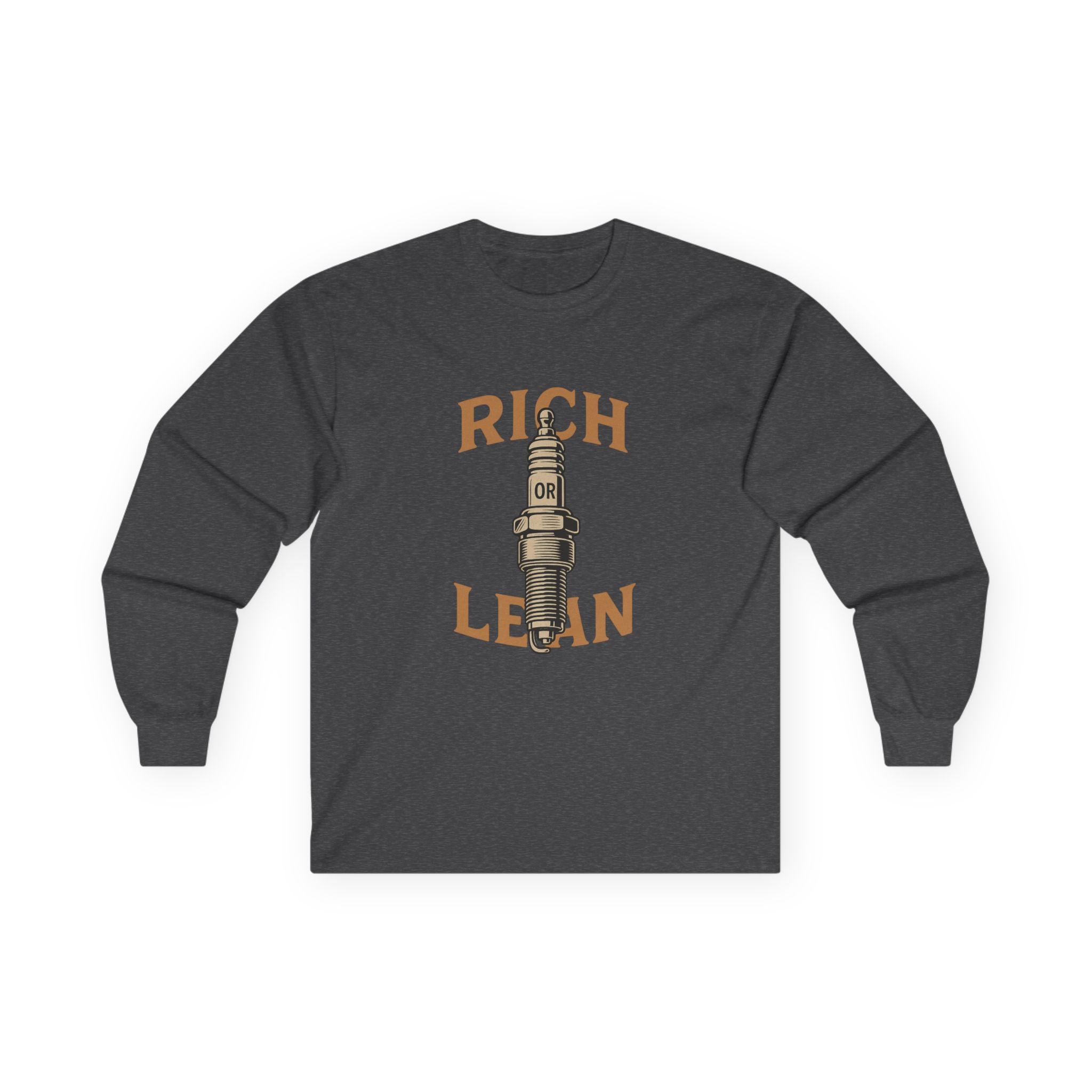 Rich or Lean Graphic Long Sleeve Tee – Vintage Spark Plug Shirt for 2-Stroke Riders & Car Enthusiasts
