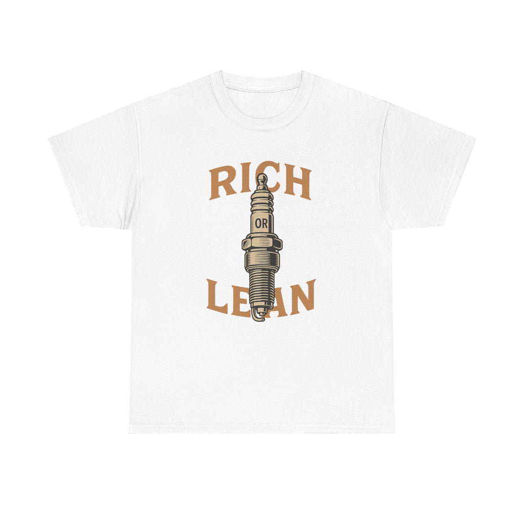 Rich or Lean Spark Plug Graphic Tee – Unisex Heavy Cotton Shirt for Gearheads & 2-Stroke Enthusiasts
