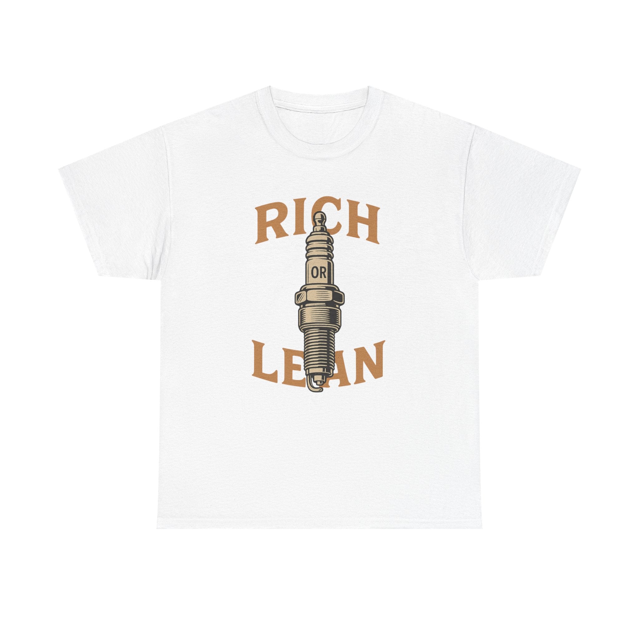 Rich or Lean Spark Plug Graphic Tee – Unisex Heavy Cotton Shirt for Gearheads & 2-Stroke Enthusiasts