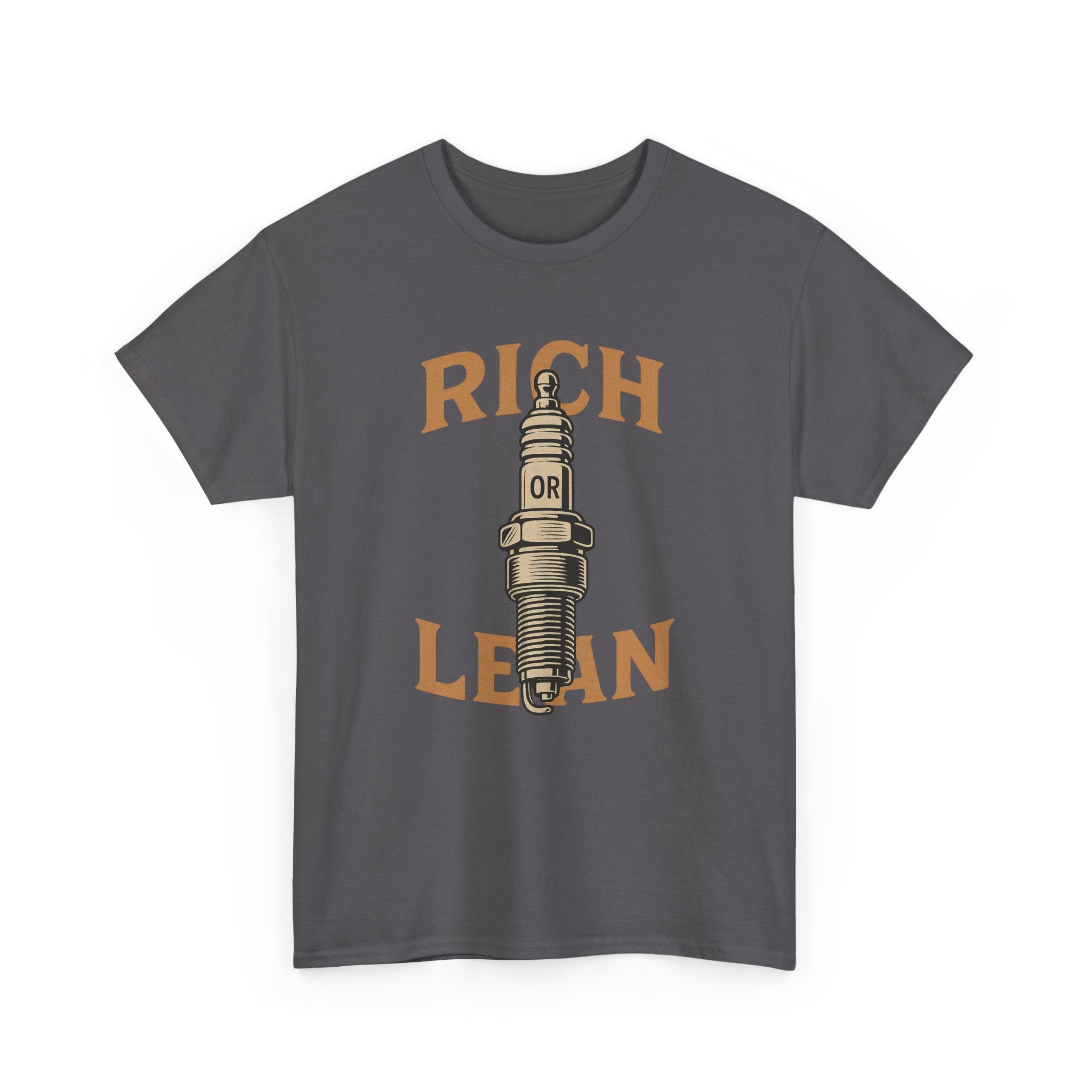 Rich or Lean Spark Plug Graphic Tee – Unisex Heavy Cotton Shirt for Gearheads & 2-Stroke Enthusiasts